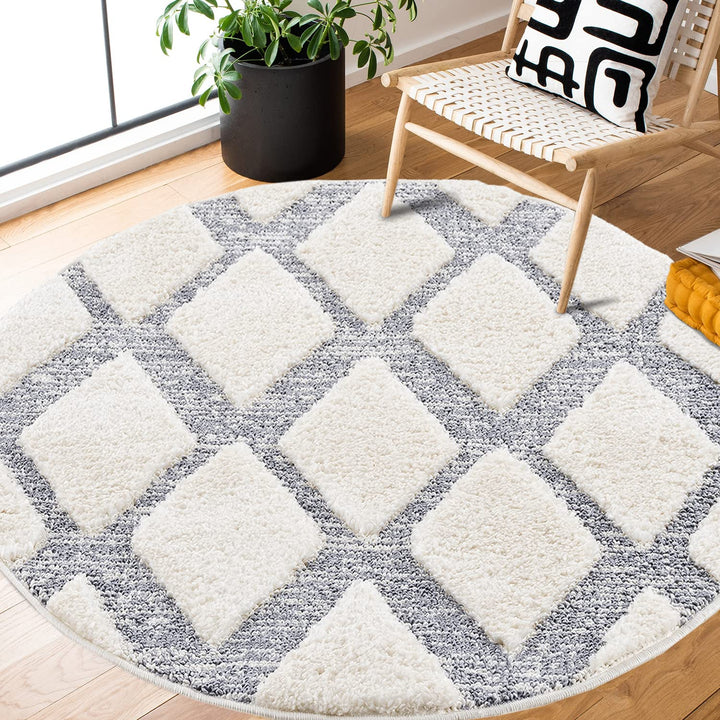 payé Teppich Rund - Skandinavisch Hochflor- 200x200cm - Boho - Pastell Cream Grau - Modern Raute Mus