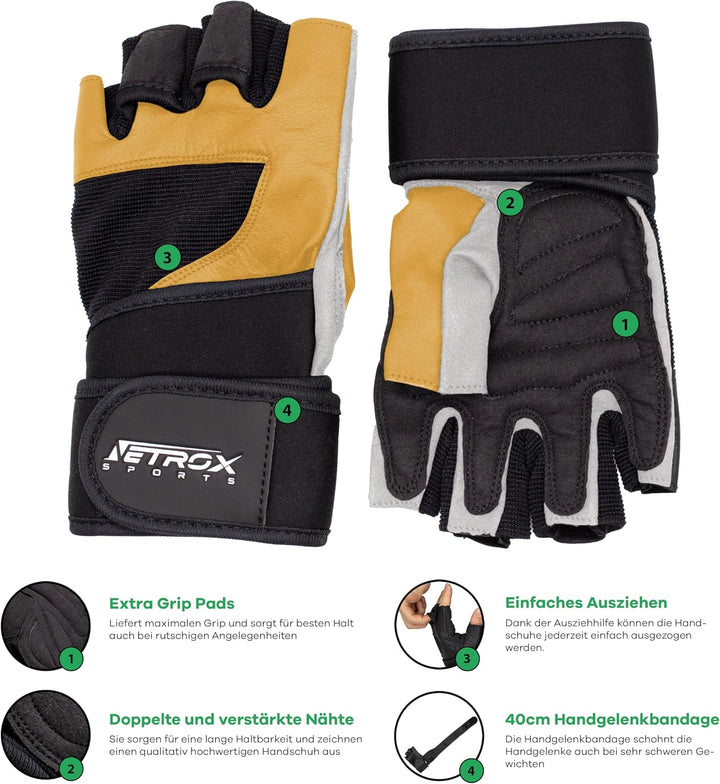 NetroxSports - Leder Trainingshandschuhe mit 40cm Handgelenkbandage für Krafttraining Kraftsport - F