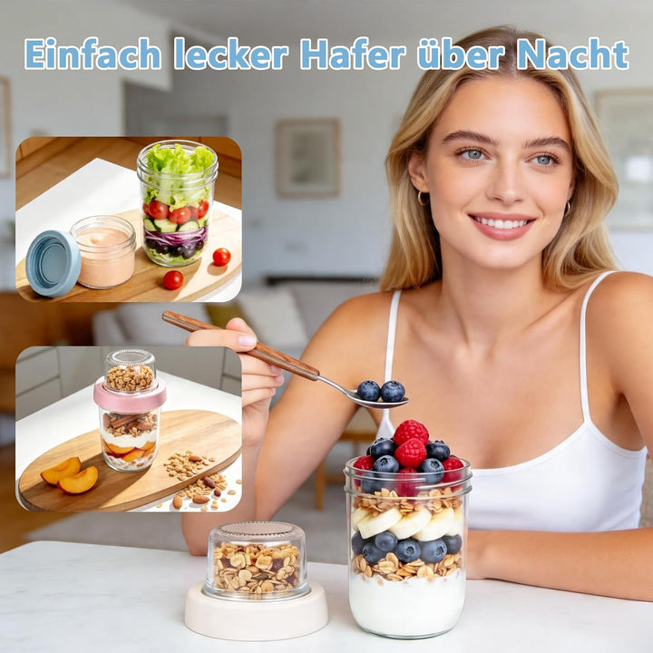 600ml Overnight Oats Gläser(480+120), 4 Pack Müslibecher to go - Doppelschicht Design,Trocken-Nass-T