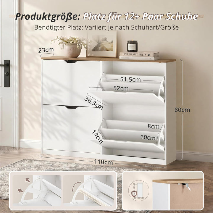 LUE BONA Schuhschrank mit 4 Flip-Klappen,Schuhschrank Schmal 23 cm Tiefe,Schuhkipper Geschlossen mit