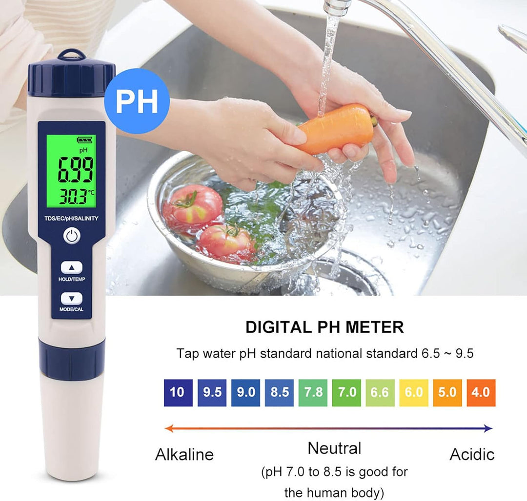 Digitales Salzgehaltmessgerät, EZ-9909 5-in-1 5-in-1-Salzgehalt-PH-Temp-EC- und TDS-Messgerät Wasser