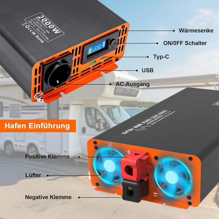 DATOUBOSS Wechselrichter Reiner Sinus 2000W/4000W Spannungswandler 24V 230V LCD-Display und 1x USB +
