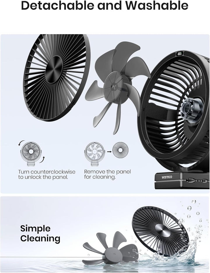 Warmco Tragbarer Tischventilator mit 10000 mAh, 720° Drehung & 3-in-1-Montage – 4 Geschwindigkeitsst