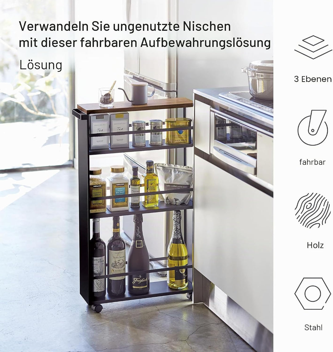 Yamazaki 3628 TOWER Nischenwagen mit Griff, schwarz, Stahl/Holz, Minimalistisches Design Schwarz Sin