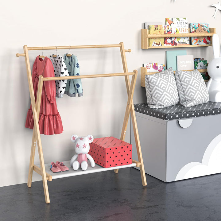 BAMBOOHOMIE Kinderkleiderständer, Kostümständer für Kinder, mit Regal und Doppelstangen, zusammenkla