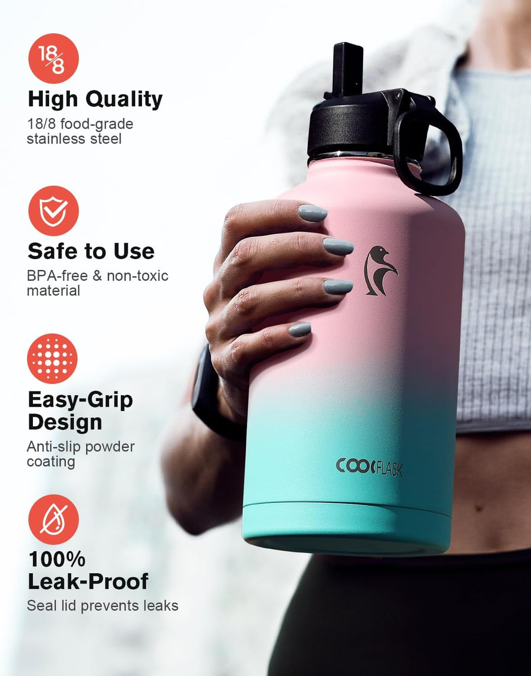 Coolflask Isolierte Wasserflasche 2L mit Strohhalm &amp; 3 Deckeln, Edelstahl Isolierte Wasserflasche fü