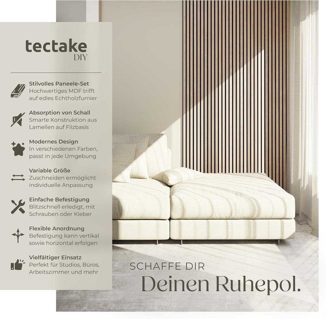 tectake® Akustikpaneele Echtholzfurnier 2er Set, effektiver Schallschutz, MDF Holzlamellen, Schalldä