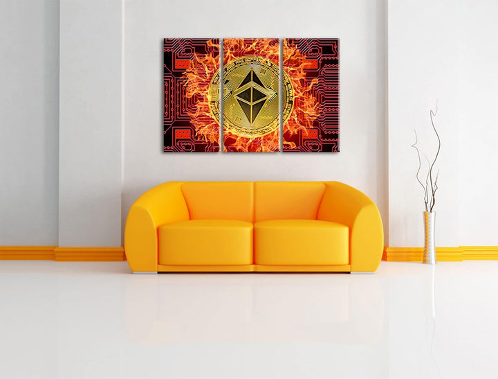 Bitcoin BTC mit Flammenals Leinwandbild 3 teilig | Grösse: 120x80 cm | Wandbild | Kunstdruck | ferti