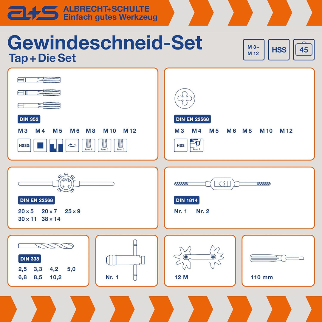 a+s HSS-G Gewindeschneider Set | M3 bis M12 | 45-teilig | Gewindebohrer & Schneideisen | Spiralbohre