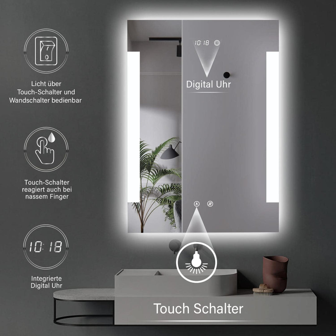 HOKO® LED Bad Spiegel beleuchtet mit Digital Uhr und ANTIBESCHLAG SPIEGELHEIZUNG, Fulda 50x70cm, Bad