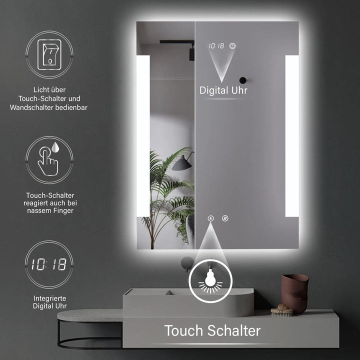 HOKO® LED Bad Spiegel beleuchtet mit Digital Uhr und ANTIBESCHLAG SPIEGELHEIZUNG, Fulda 50x70cm, Bad