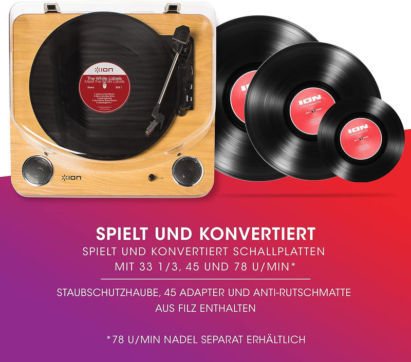 ION Audio Max LP - Vinyl Plattenspieler Bluetooth mit eingebauten Lautsprechern und USB, holzfarben