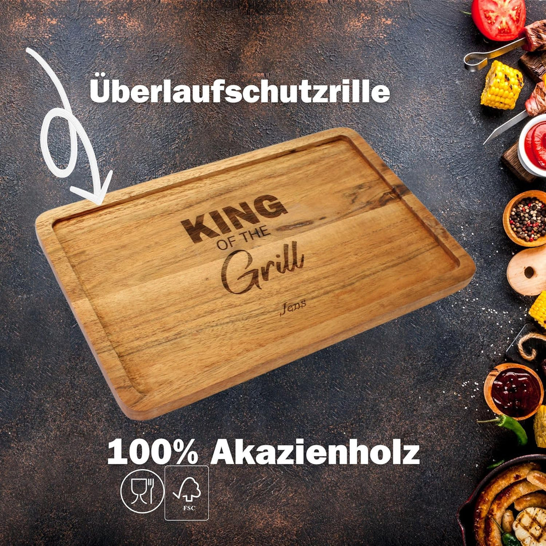 Grill-Set mit Gravur Edelstahl – BBQ Geschenkset OPTIONAL mit Akazienbrett – Grillzubehör für Männer