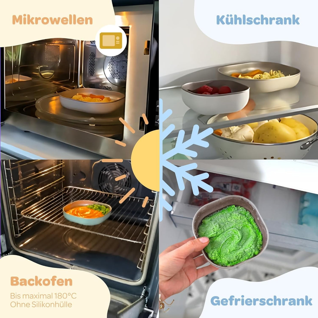 BÉABA Baby-Essensset Edelstahl 3-teilig – Glas + 2 Teller mit Silikonhülle, Mikrowellen- & Spülmasch