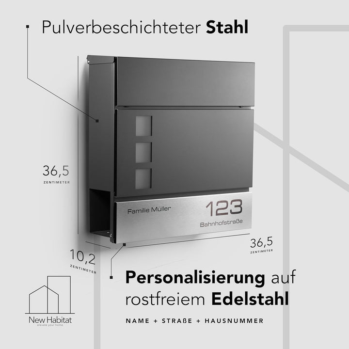 NewHabitat I Moderner Briefkasten Anthrazit mit Zeitungsfach - Wandbriefkasten personalisiert mit Ed