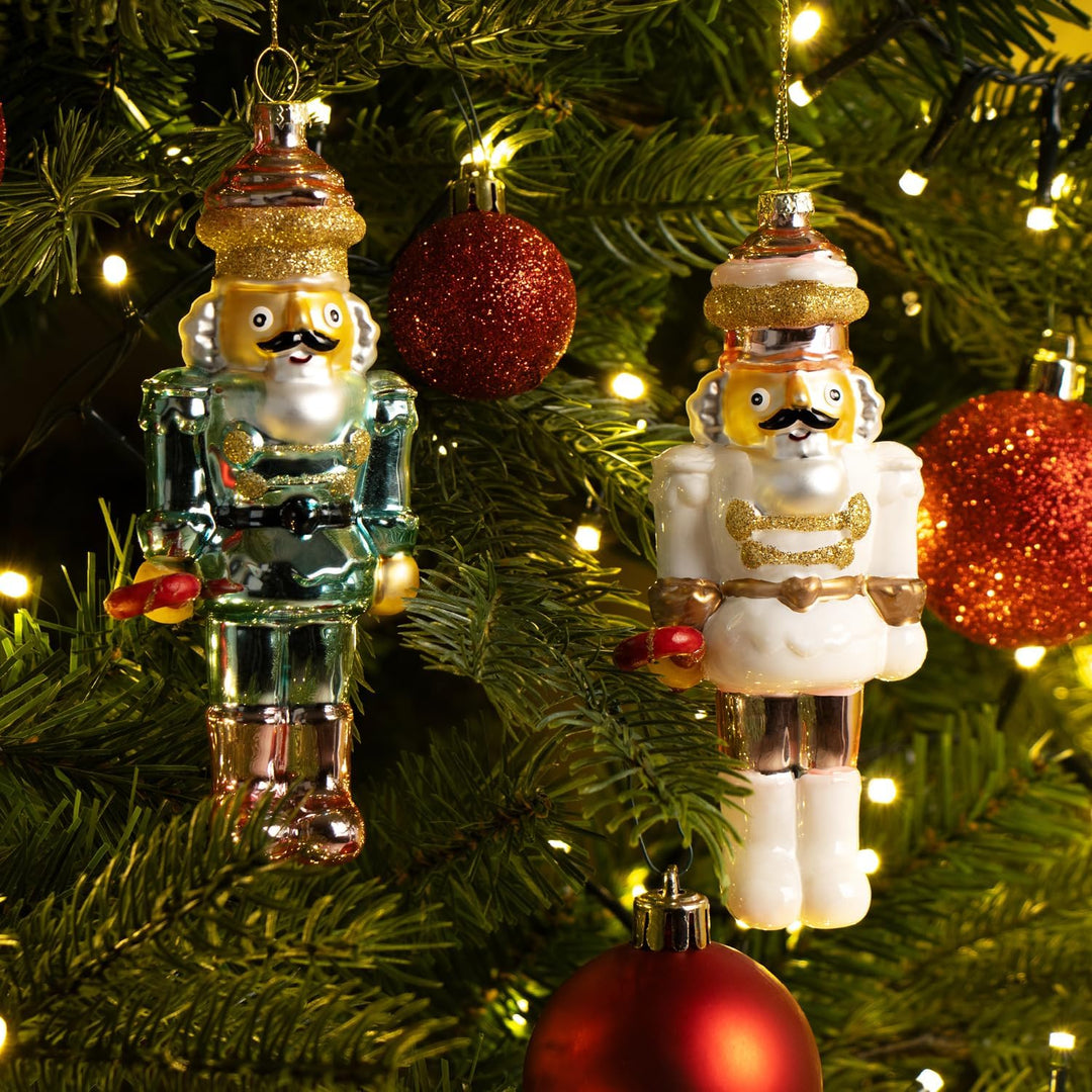 com-four® 2X Premium Christbaumschmuck - Nussknacker-Figur aus echtem Glas - besondere Baumkugeln al