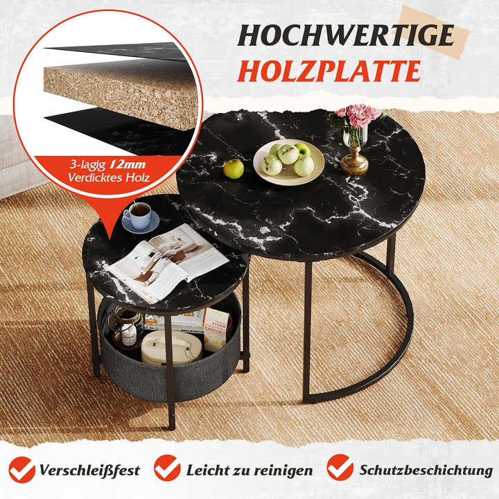 WLIVE Couchtisch Rund mit Stauraum, Beistelltisch Set Schwarz mit Metallrahmen, Wohnzimmertisch klei