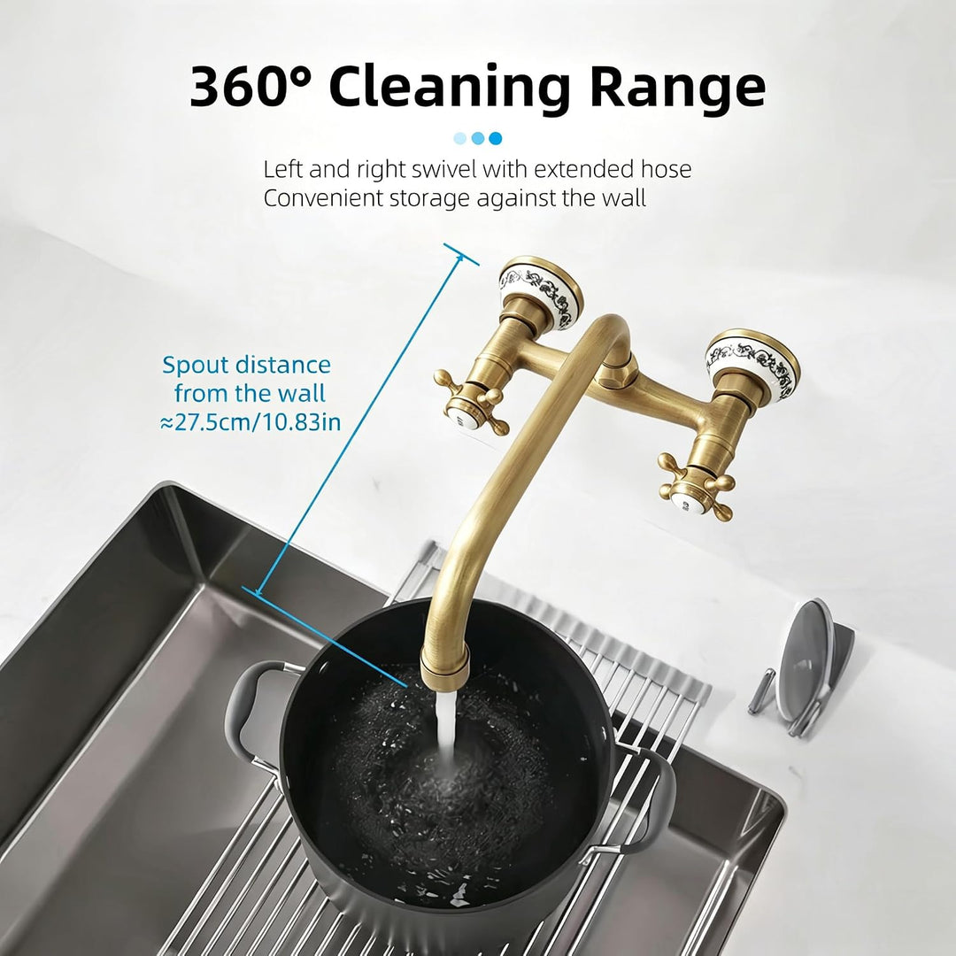 Küchenarmatur Wandmontage Messing Antik, Vintage Doppelgriff Wasserhahn Küche Wandbehang Bronze, 360