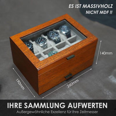 LOEAPEA Holz Uhrenbox mit Valet Schublade - Massivholz Vitrine für grosse Herren Armbanduhren | Komm