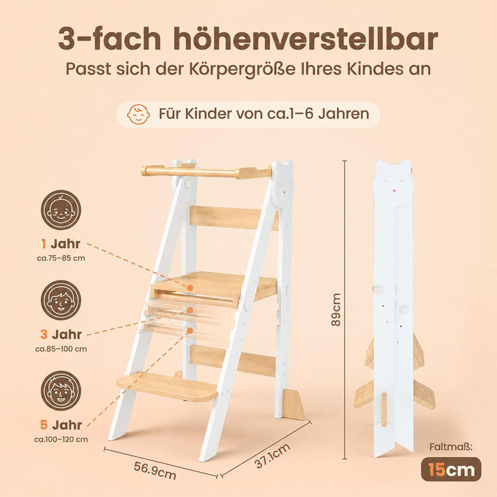 Lernturm Klappbar &amp; 3-Fach Höhenverstellbar - Kippsicherer Learning Tower aus Kiefernholz - Mitwachs