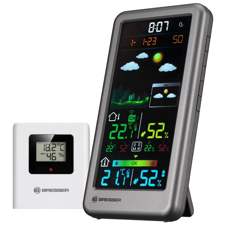 Bresser Funkwetterstation Neomeo V Silber, Farbdisplay, 24/48 Std. Wetterprognose, Temperatur-/Luftf