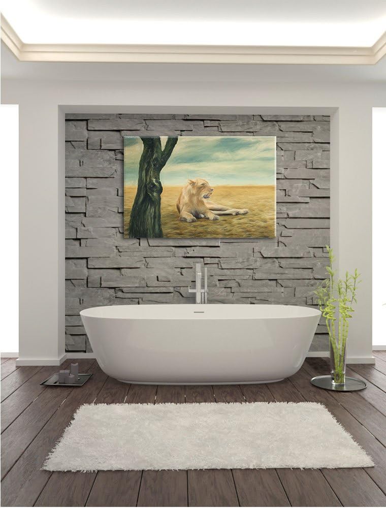 Pixxprint Löwin Ruhe Savanne als Leinwandbild/Grösse: 100x70 cm/Wandbild/Kunstdruck/fertig bespannt,