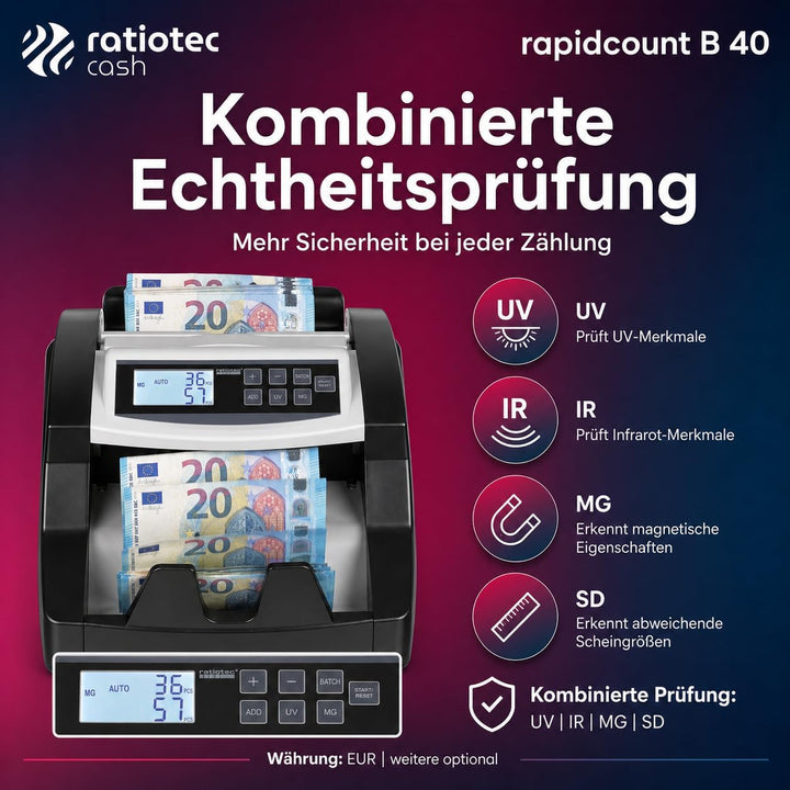 ratiotec 00046660 rapidcount B 40 Banknotenzählmaschine mit IR, UV und MG Prüfung
