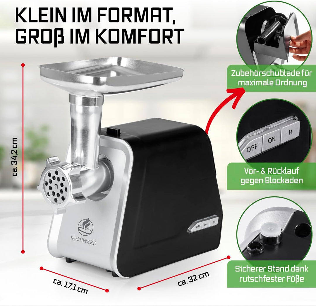 KOCHWERK elektrischer Fleischwolf mit Spritzgebäckvorsatz | verarbeitet bis zu 2000g/min | Hackfleis