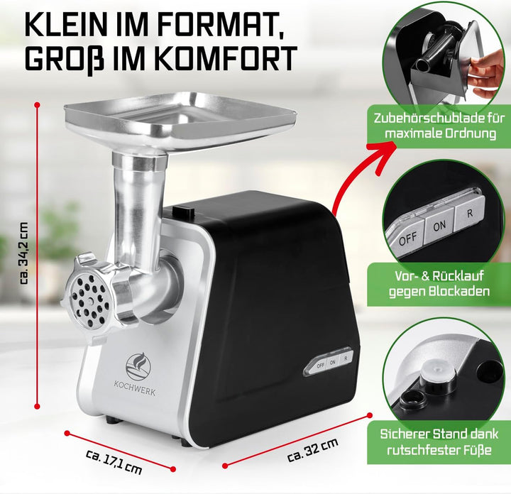 KOCHWERK elektrischer Fleischwolf mit Spritzgebäckvorsatz | verarbeitet bis zu 2000g/min | Hackfleis