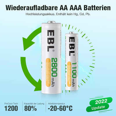 EBL Akku Ladegerät mit 4 AA Akku + 4 AAA Akku, Ladegerät für wiederaufladbare Batterien AA AAA NI-MH