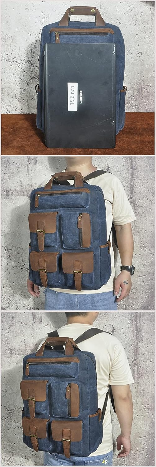 Le'aokuu Wasserdichter Unisex-Rucksack aus Segeltuch und echtem Leder, Tagesrucksack, mehrere Tasche
