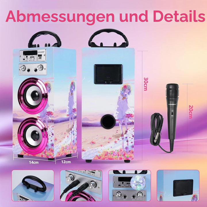 DYNASONIC Karaoke mit 2 Mikrofonen, tragbarer Karaoke-Maschine, Bluetooth-Lautsprecher, USB- und SD-