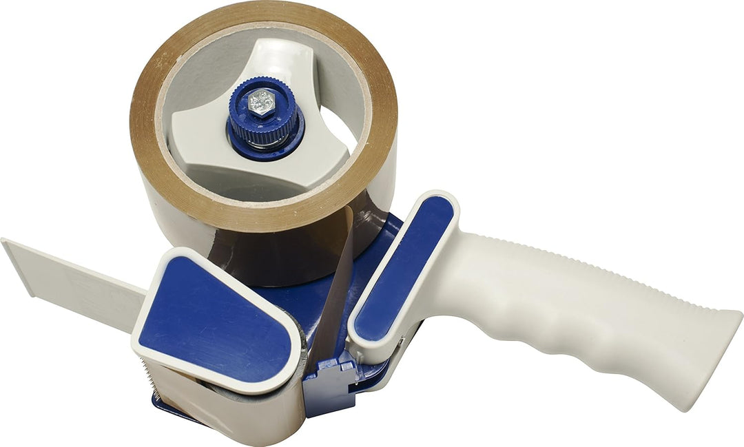 Pavo PREMIUM Packetband Abroller - Handabroller mit Bremse - für Packband bis 66 m x 50 mm, blau, 80