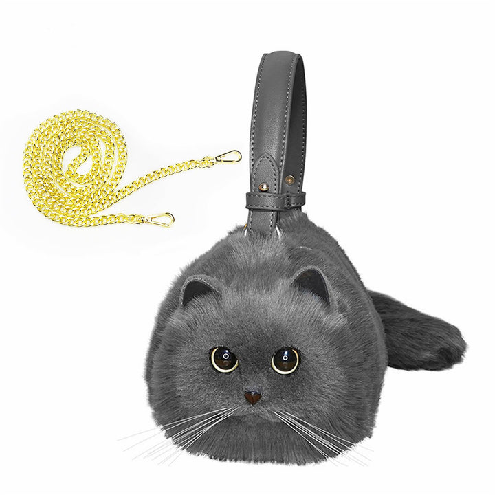 HUIJUFU Realistische Puffy-Plüsch-Katzentasche in Form Einer Umhängetasche für Frauen (Blaue Katze),