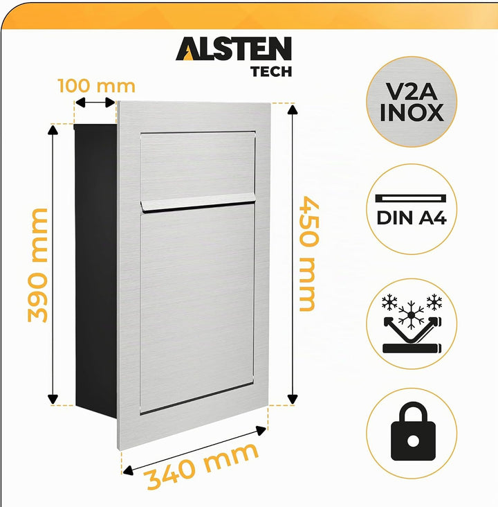 Unterputz Briefkasten Edelstahl INOX Einbaubriefkasten flächenbündig wetterfest Wandmontage mit Schl