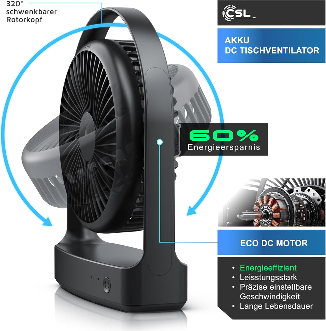 CSL - Akku Tischventilator – Mini Ventilator USB – DC Motor Brushless silent sehr leise – 4000 mAh L