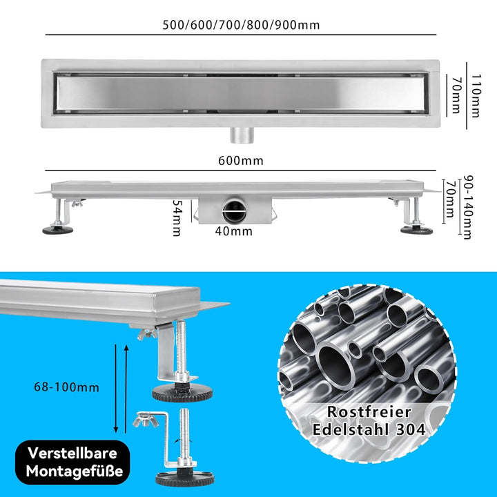 Duschrinne 70 cm, Befliesbare Edelstahl Extra Flach Duschablauf, Bodenablauf Dusche Komplettset inkl