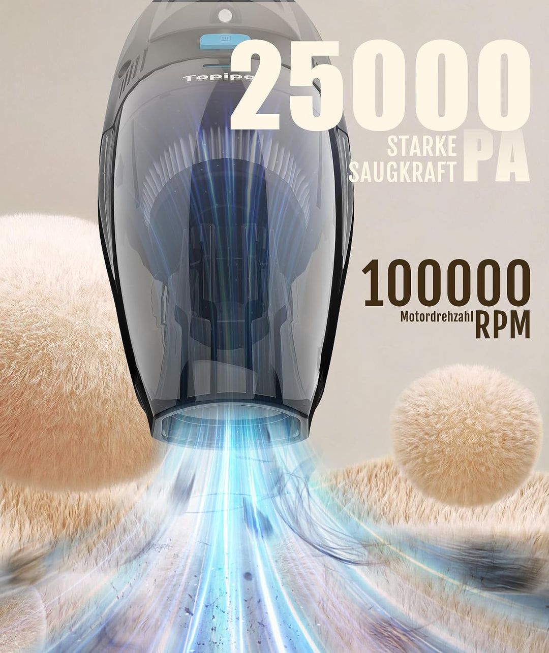 Topipop Handstaubsauger Akku Kabelloser Staubsauger Schwarz | 25000Pa Starke Saugkraft mit HEPA-Filt