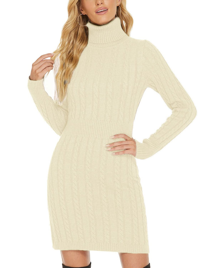 Damen Pullover Kleid Elegant Strickkleid Casual Langarm Winterkleid Einfarbig Rollkragen High Stretc