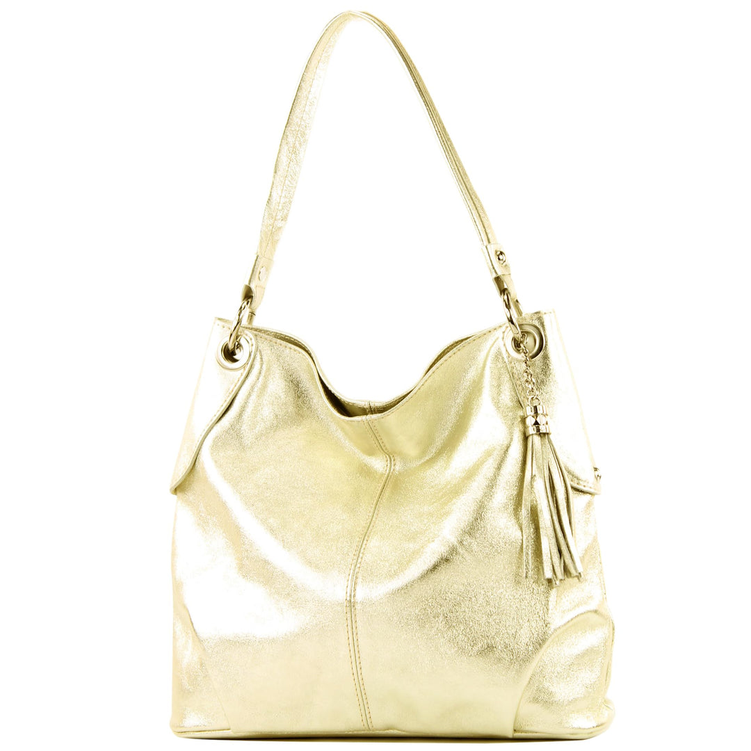 modamoda de T185 Damen Leder Schultertasche, handmade in Italy Gold-metallic, Gold-metallic