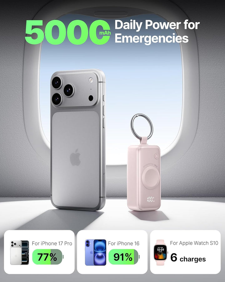 INIU Power Bank für Apple Watch, 5000mAh Powerbank mit eingebautem Kabel, Schlankes Reise Schlüssela