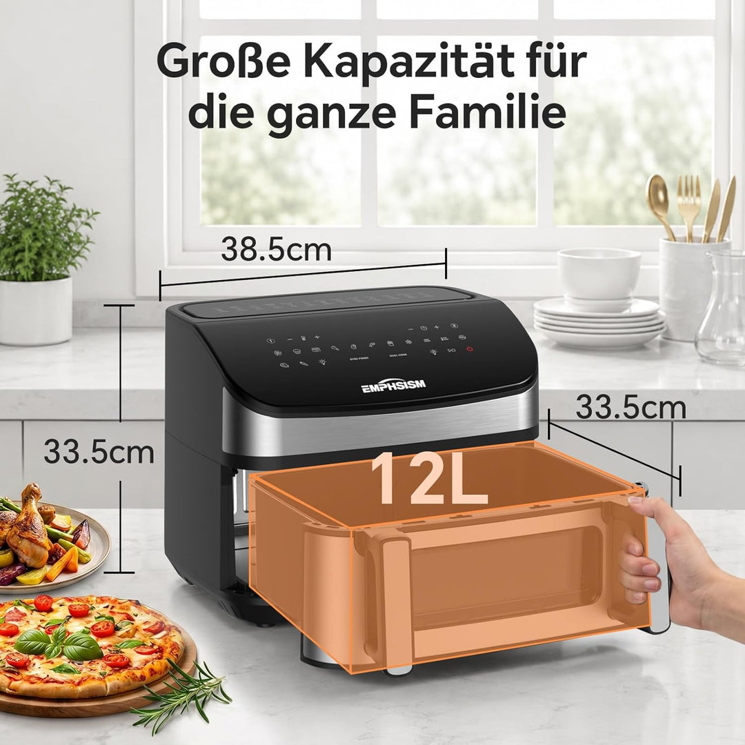 Heissluftfritteuse 12L 2 Kammern – 2600W Airfryer, XXL Heissluftfritteuse mit Ober und Unterhitze, 1