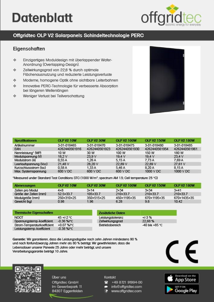 Offgridtec OLP 30W Solarpanel 12V Schindeltechnologie PERC V2, 30W