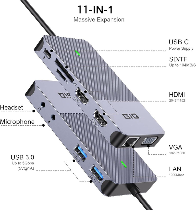 USB Docking Station Giq USB C Hub USB 3.0 to Dual HDMI VGA Adapter Triple Display Laptop Monitors Co