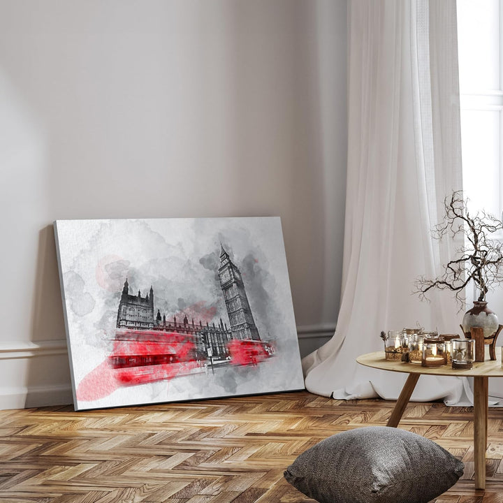 wandmotiv24 Leinwandbild Malerei, 60x45cm, Querformat, Aquarell, London, Deko, Bilder auf Leinwand,