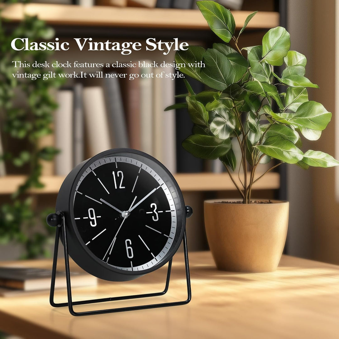 Vintage Metall-Tischuhr – Leise Kaminuhr ohne Ticken mit verstellbarem Winkel, Analoge Standuhr im R