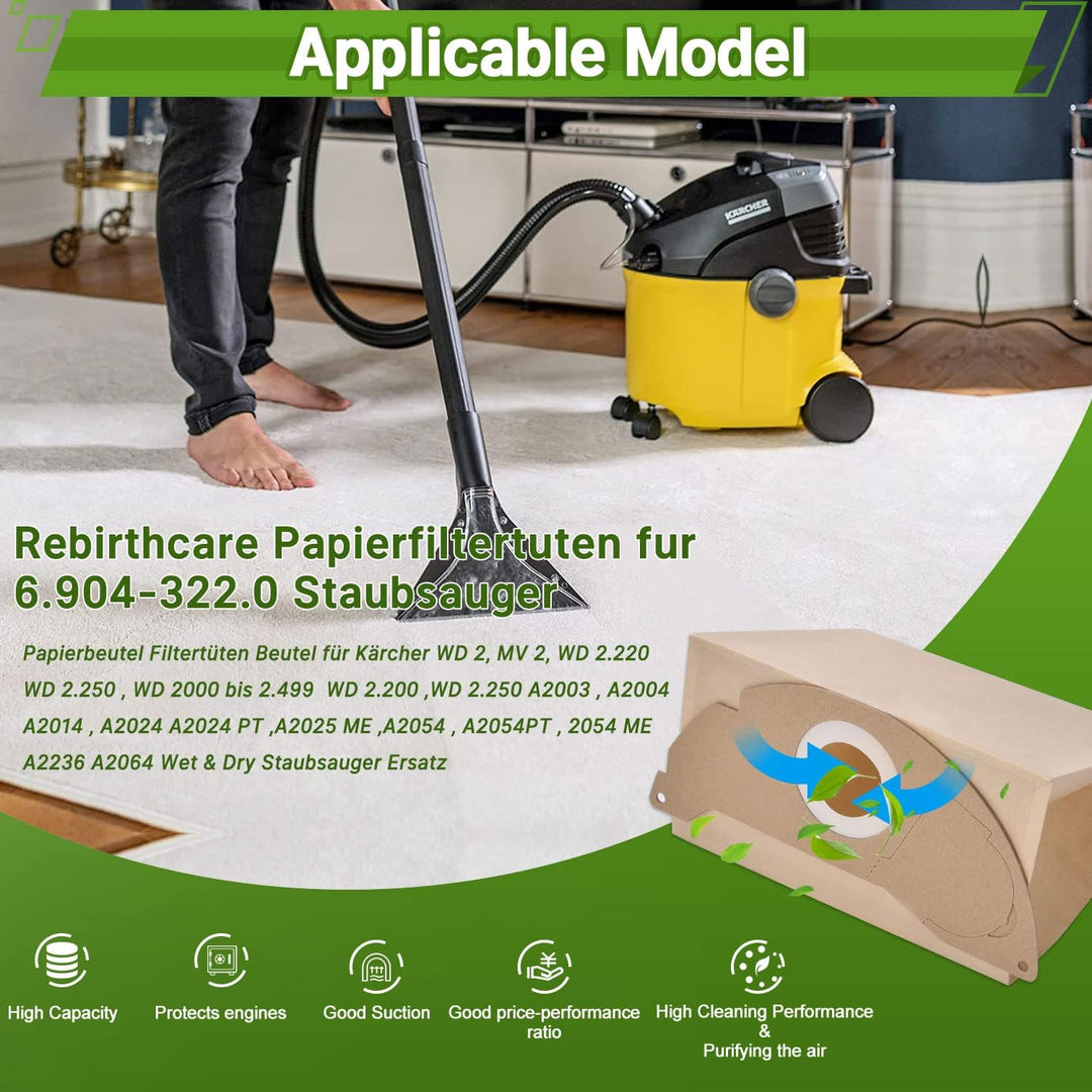 Rebirthcare 15 Stück 6.904-322.0 Staubsaugerbeutel für Kärcher WD2 Beutel Filtertüten WD2 Premium MV