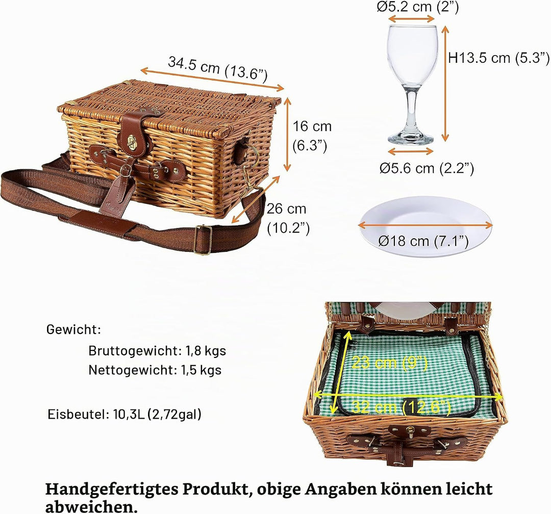 eGenuss Handgefertigtes Picknickkorb für 2 Personen mit abnehmbarem Schultergurt, Kühlfach, Kellnerm