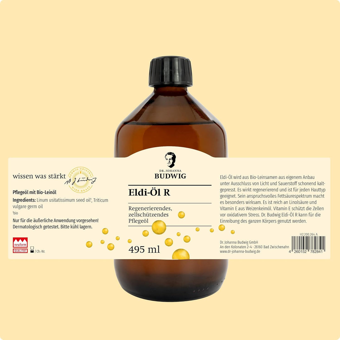 Dr. Budwig ELDI OIL R - 495 ml - reines Biokosmetikum aus Leinsamenöl und Weizenkeimöl - empfohlen w