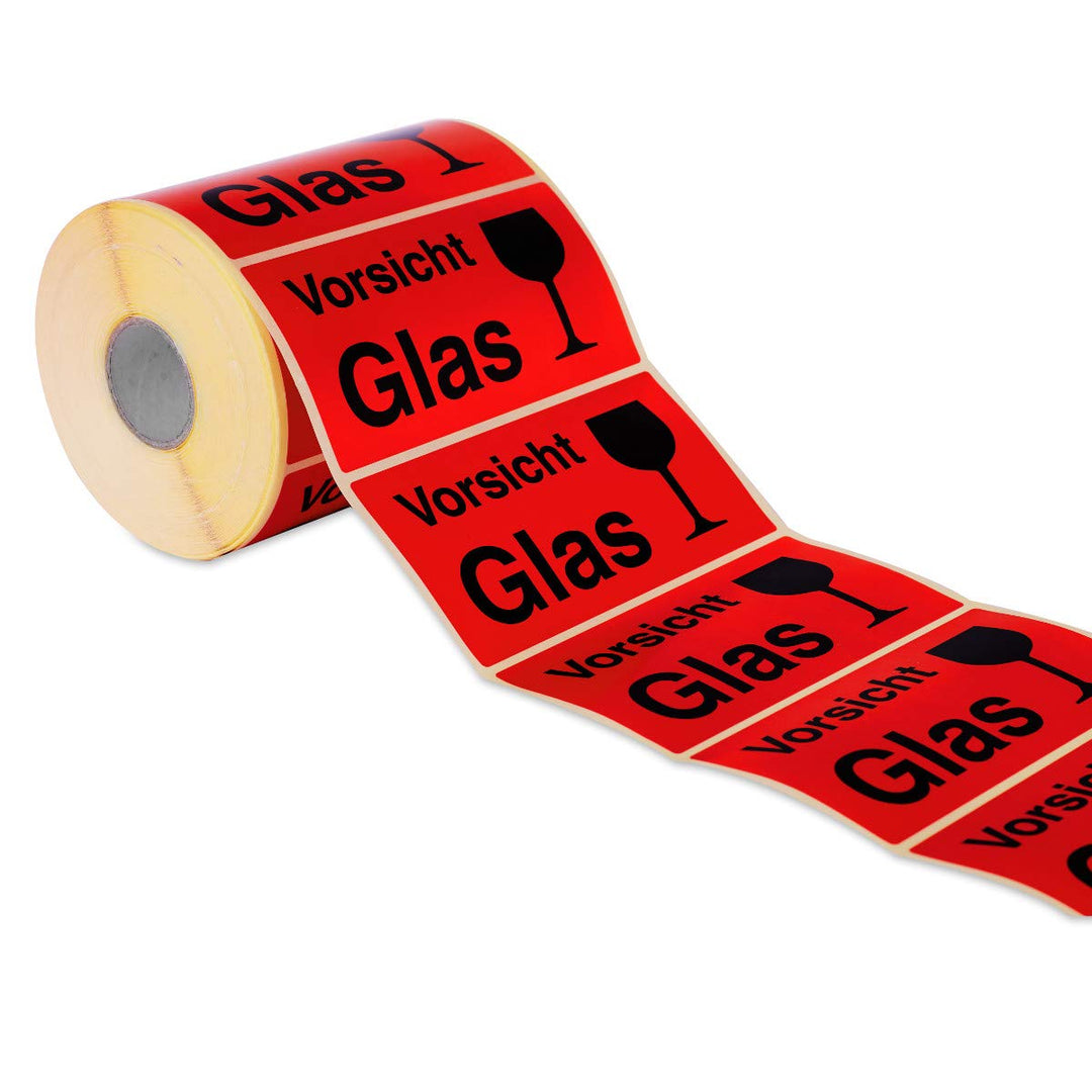 Etiketten Aufkleber Vorsicht Glas rot 1000 Stück extra gross 145x76mm Warnetikett auf Rolle 597101 -